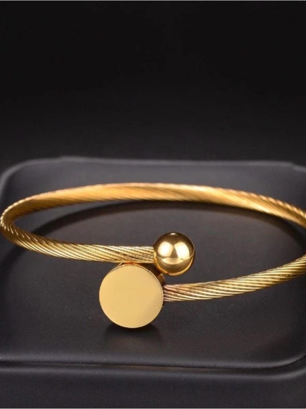 Gold Open Cable Cuff Bracelet with Polished Disc - Women Jewelry